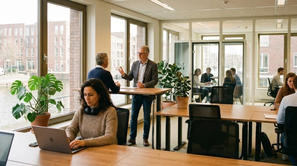 Modern Nederlands open-plan kantoor: jonge analyst gefocust met laptop in de voorgrond, twee senior managers in staand overleg op de middengrond, collega's zichtbaar achter glazen scheidingswanden — illustratie bij blog over hybride werk en MTO.