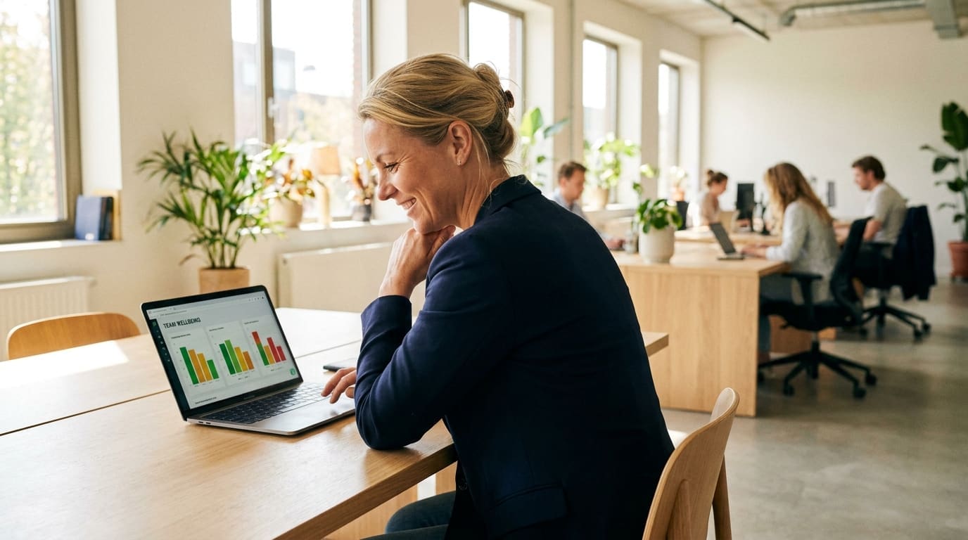 Een leidinggevende bekijkt een team wellbeing dashboard met werkdruk-signalen op een laptop.